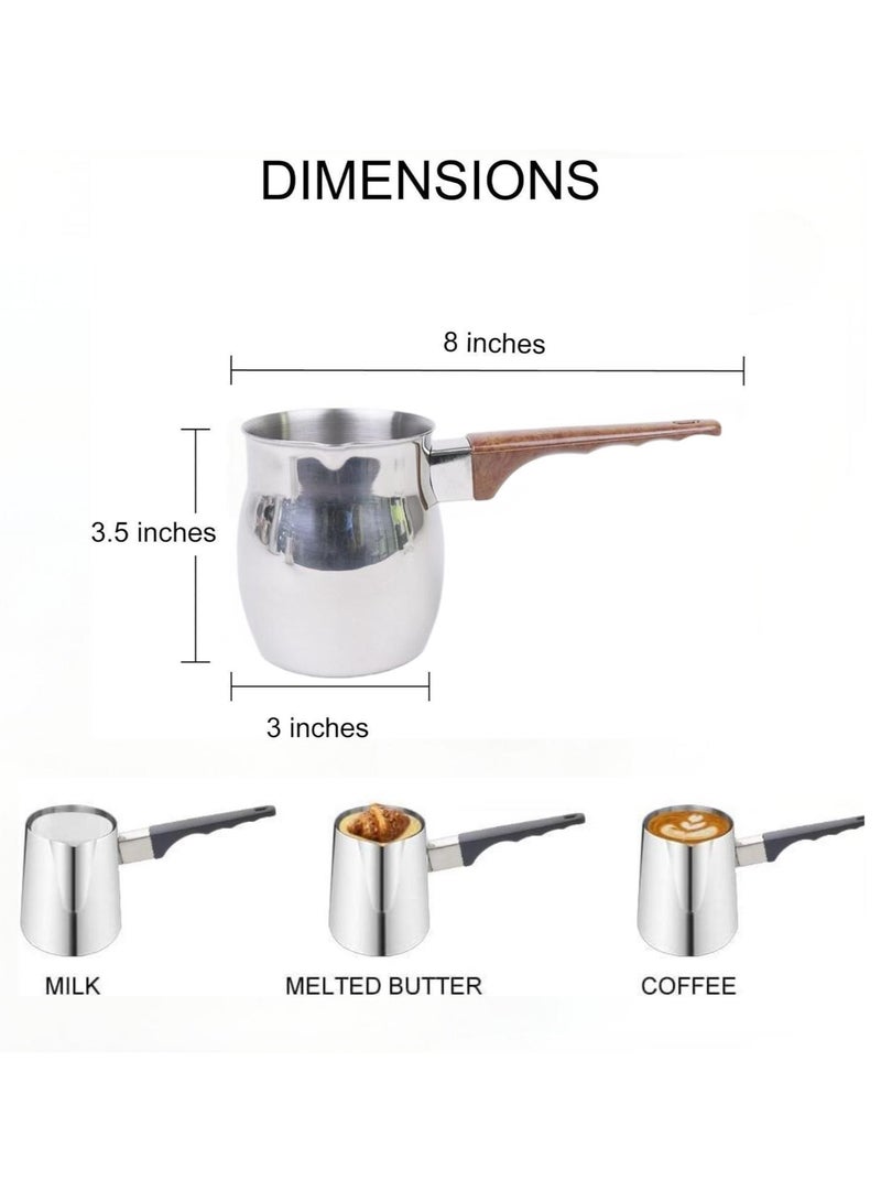 3 قطع من الفولاذ المقاوم للصدأ صانع القهوة العربية وعاء تسخين الشوكولاتة والحليب والزبدة وعاء تسخين صغير للزبدة مع فوهة موقد (200 مل، 400 مل، 600 مل، فضي) (فولاذ بمقبض بني) - Image 3